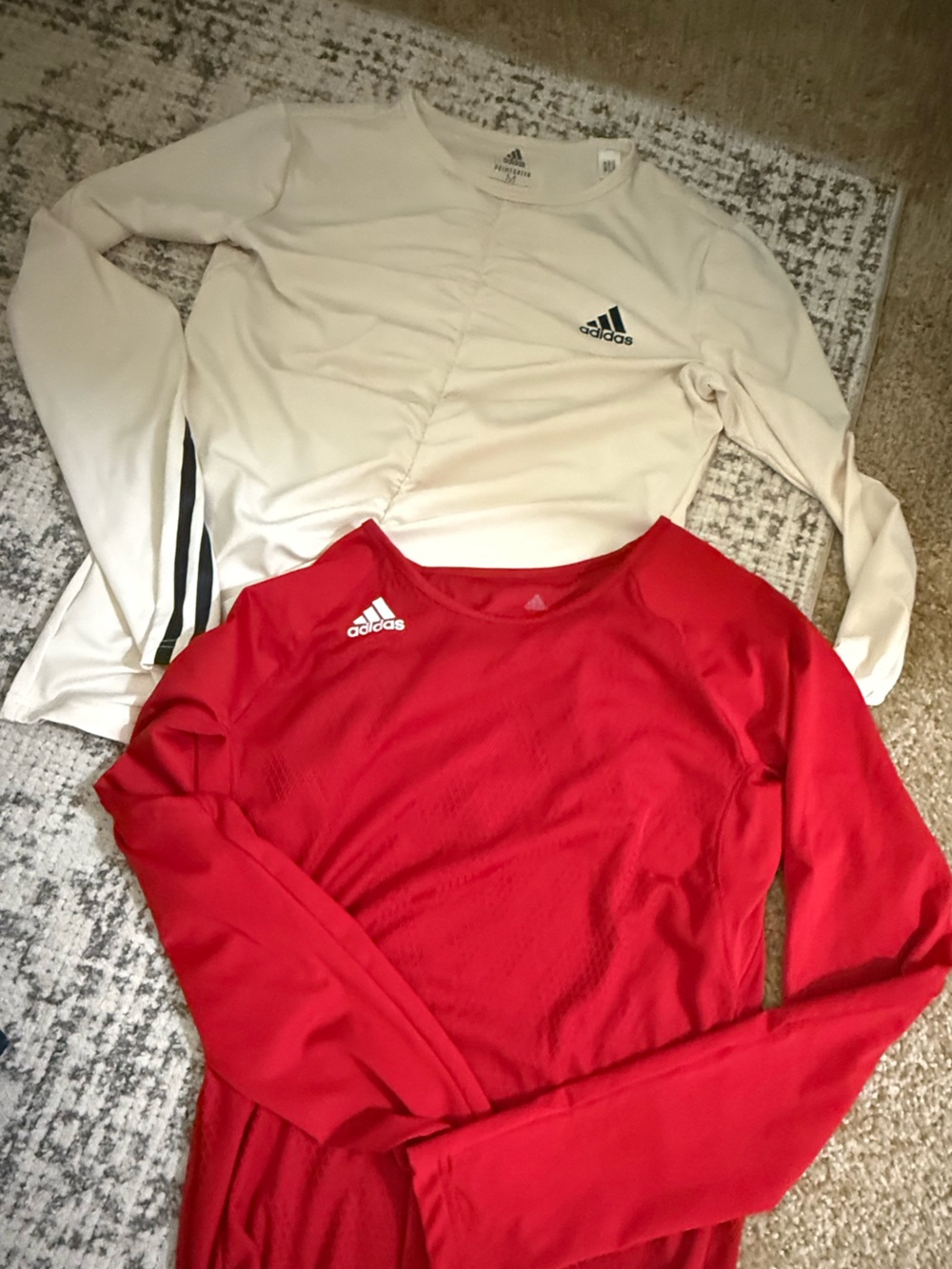 Adidas Red Long-Sleeve Athletic Top with Logo and cream light weight w/logo